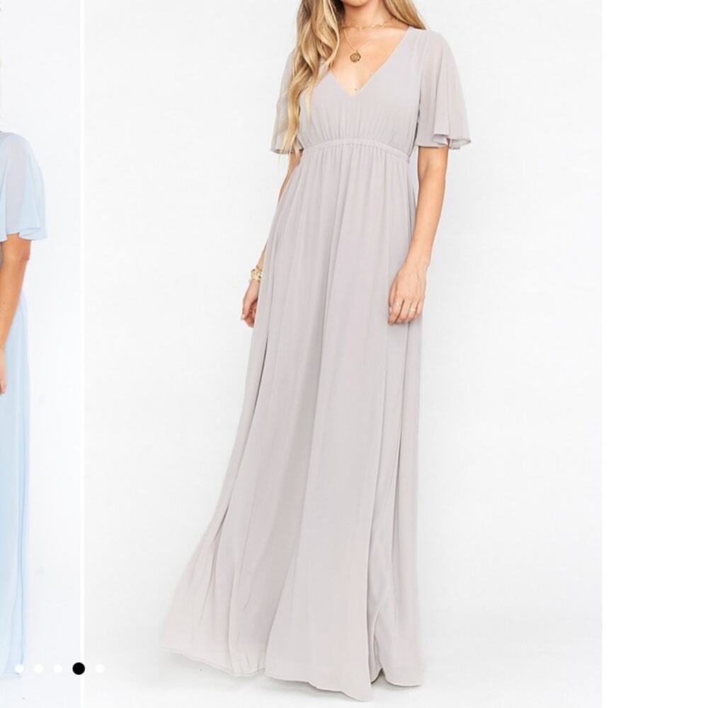 Show Me Your Mumu Emily Empire Maxi Dress Dove Grey Chiffon Size Large NWT - Picture 4 of 6
